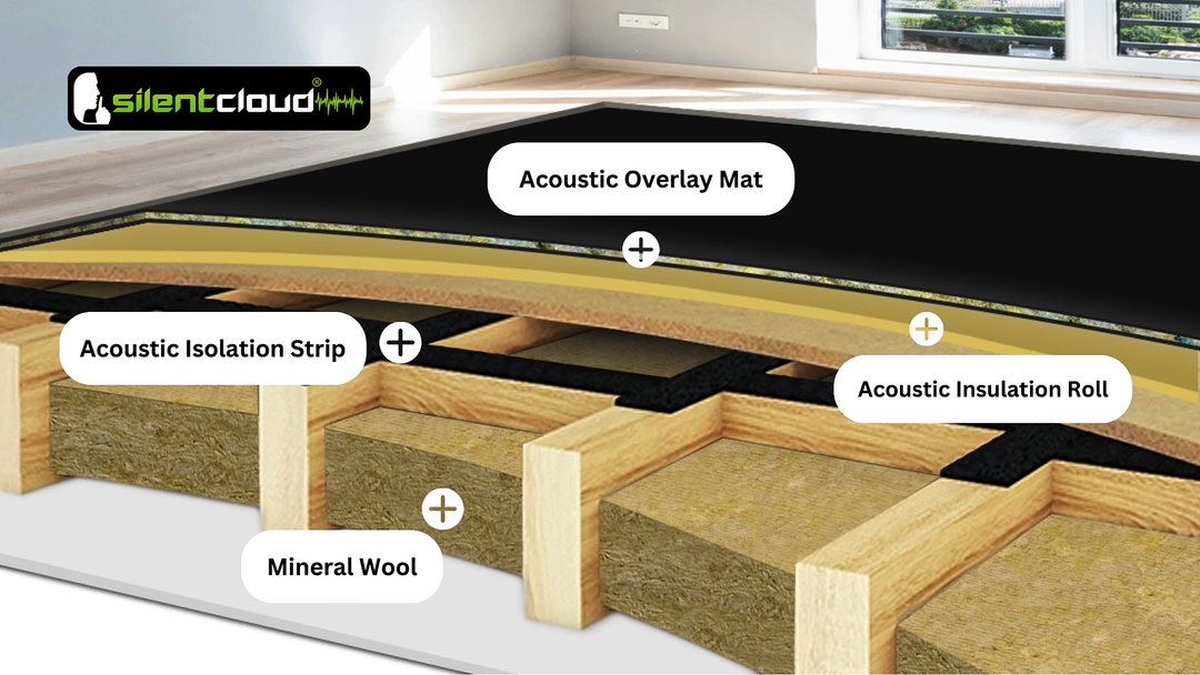Cross-section diagram showcasing the 15mm Acoustic Overlay Mat by Silentcloud, illustrating its soundproof layers including mineral wool, isolation strips, and insulation roll, designed for superior noise reduction and sound insulation.