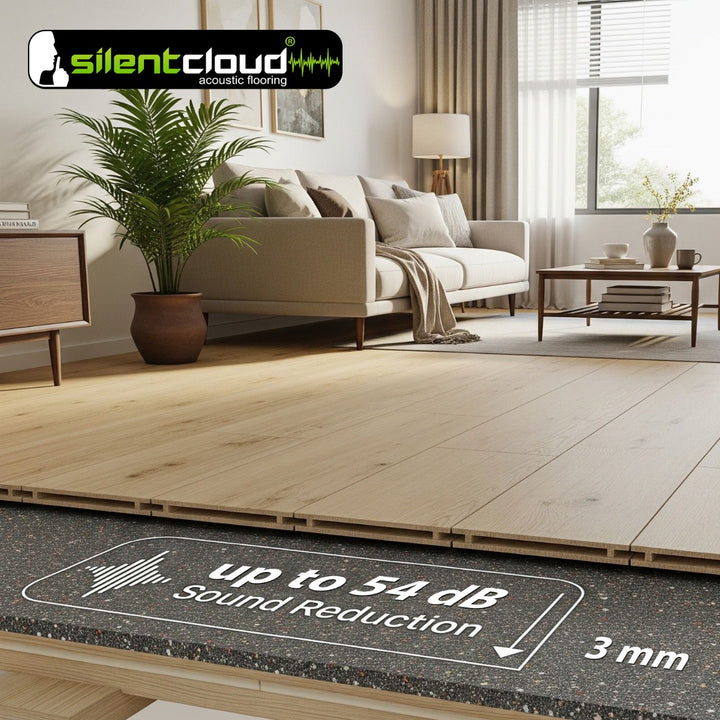 SilentCloud 3mm Acoustic Underlay in a living room setting, showcasing its installation beneath wood-look flooring, offering up to 54 dB soundproofing, ideal for noise reduction and sound insulation.