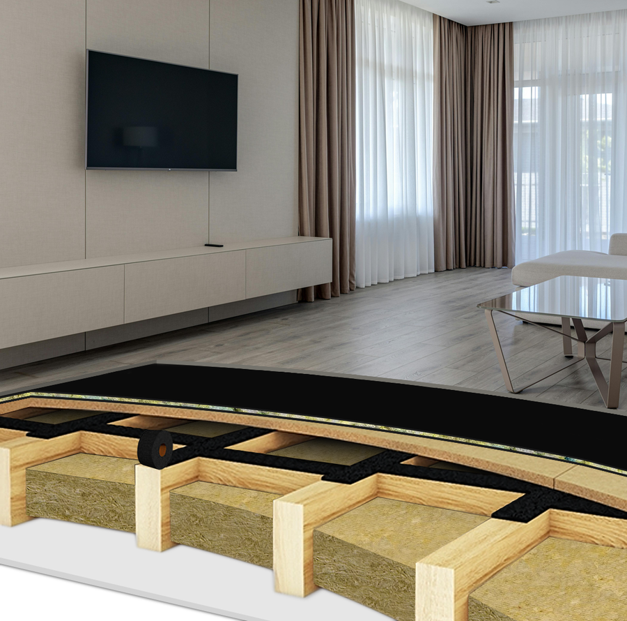 15mm Acoustic Overlay Mat enhances soundproofing with a cut-away view of floor structure, showcasing joists, insulation, and membrane for noise reduction in living spaces, ideal for homes and studios.