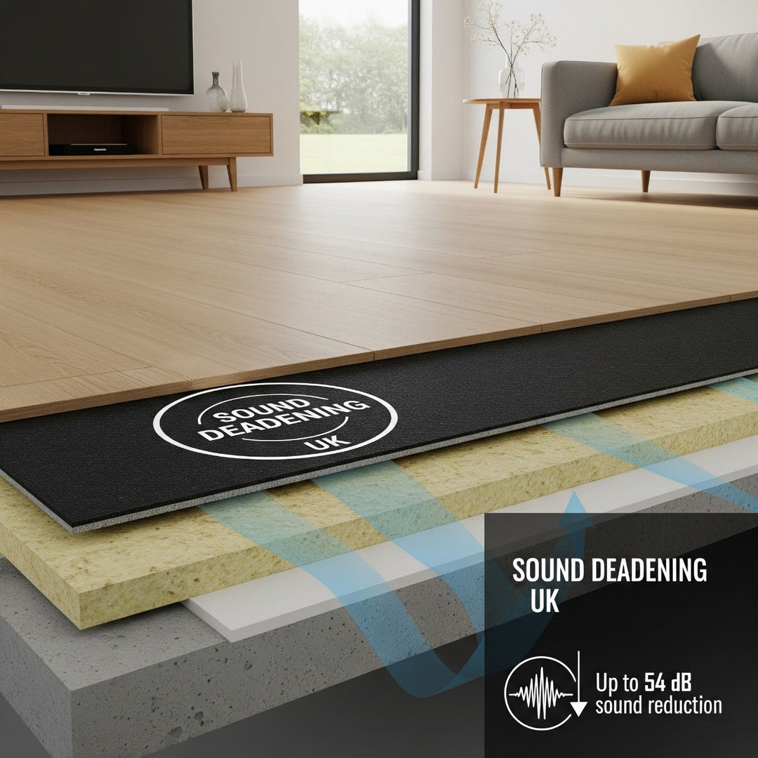 Stylized cross-section render of Rubber Acoustic Underlay – Up to 54 dB Impact Noise Insulation 3mm, featuring recycled rubber mat beneath oak floor, showcasing sound insulation and vibration damping properties.