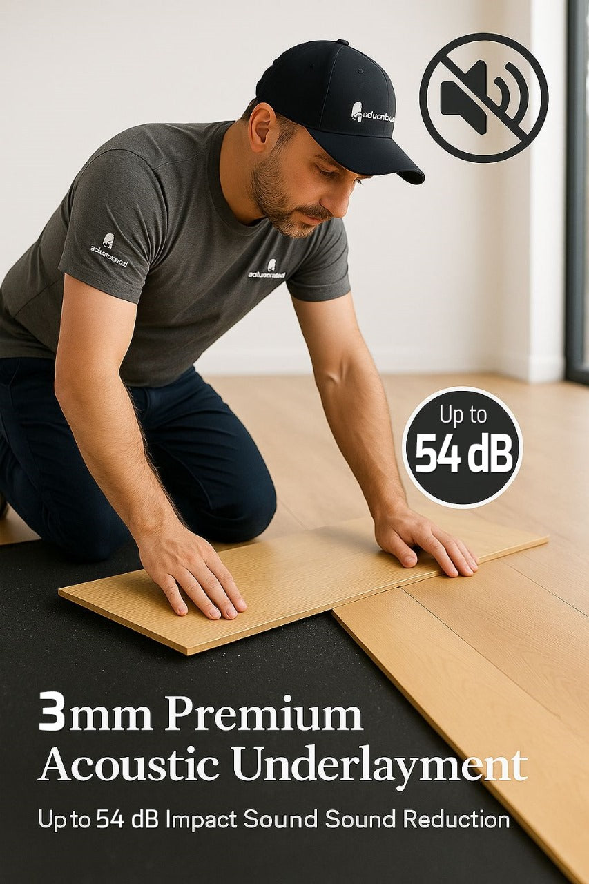 Person installing Rubber Acoustic Underlay – Up to 54 dB Impact Noise Insulation 3mm beneath wood-look planks, highlighting its soundproof and acoustic noise reduction capabilities for effective floor protection.