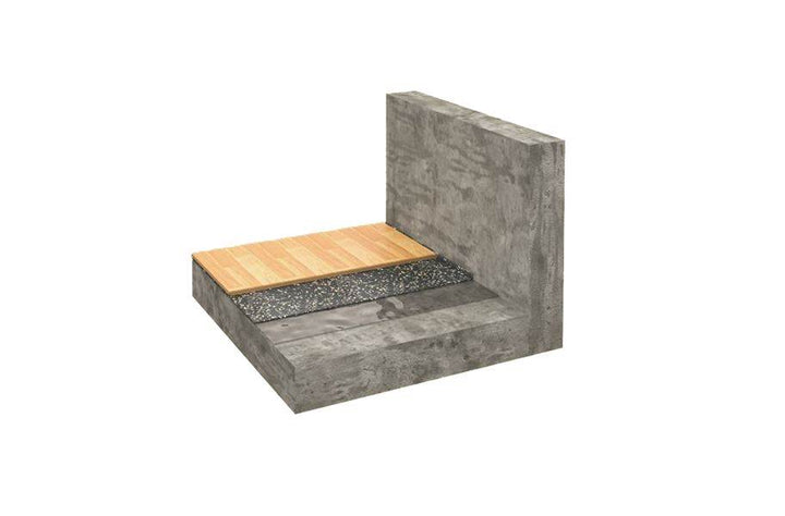 Illustration showing layers of under screed acoustic floor underlay with concrete base, recycled rubber mat and wood flooring cross-section.