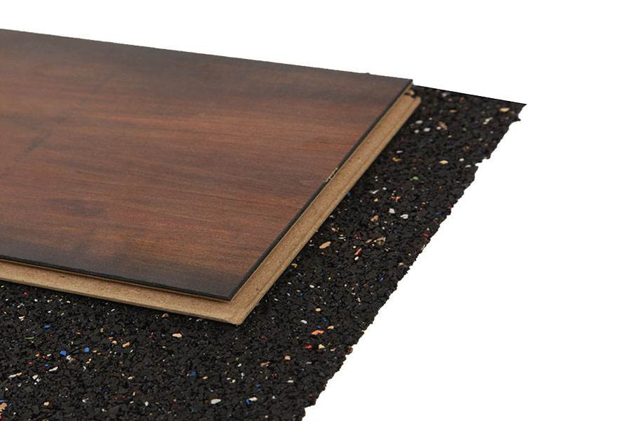 Cross-sectional view of under screed soundproofing acoustic floor underlay showing recycled rubber layer and wood finish.