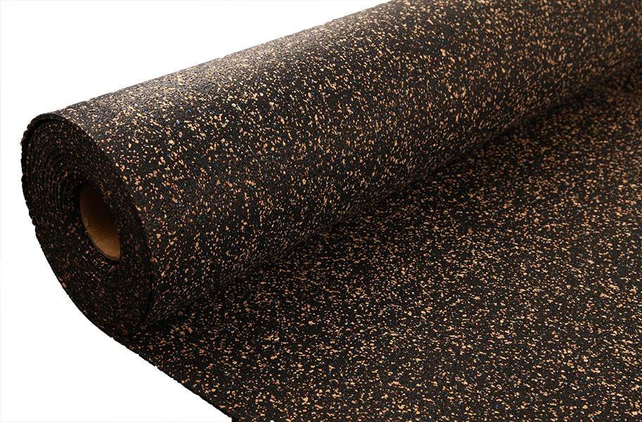 Acoustic Cork & Rubber Underlay – 3mm & 4.5mm rolls, showcasing speckled recycled material. Ideal for premium soundproofing and noise reduction in various flooring types, emphasizing durability and eco-friendliness from Sound Deadening UK.