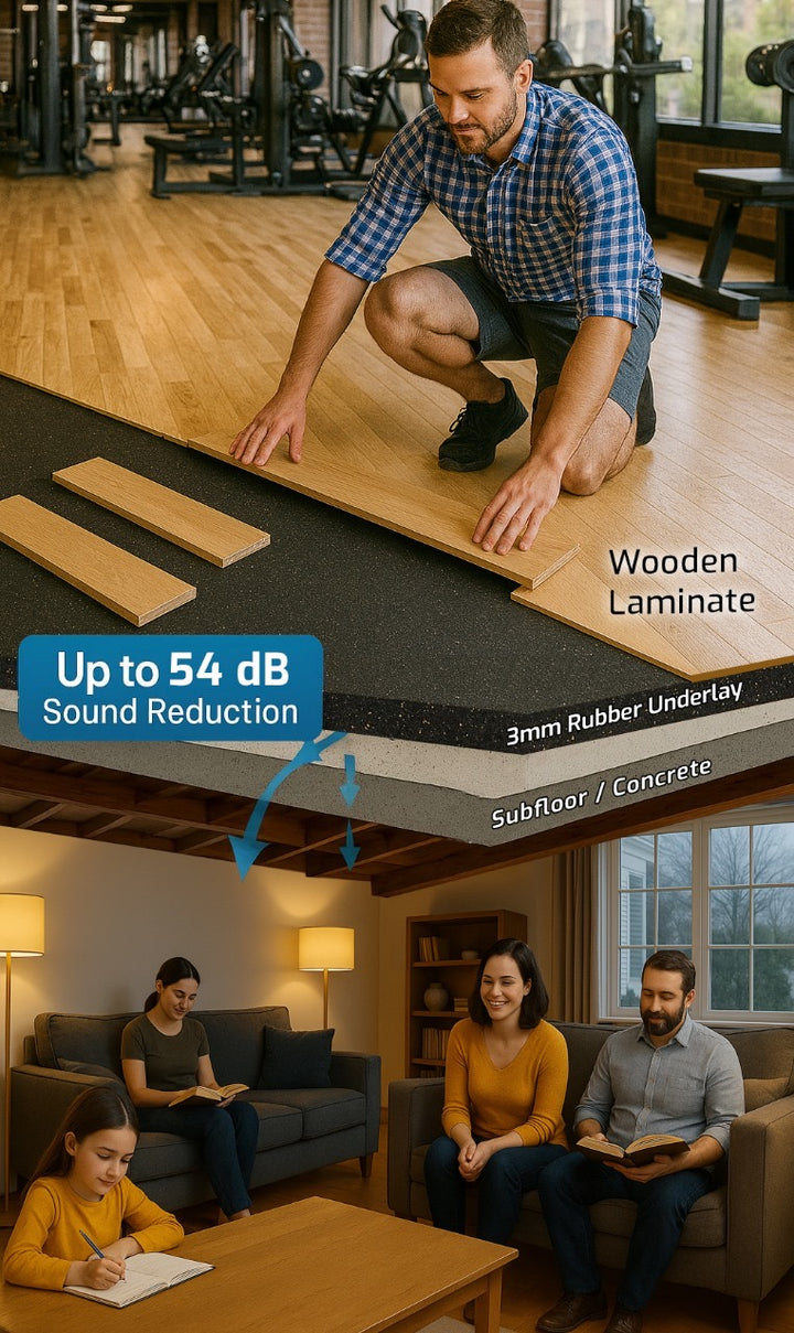 Rubber Acoustic Underlay – Up to 54 dB Impact Noise Insulation 3mm: A man installs wooden laminate over a 3mm recycled rubber underlay designed for soundproofing, showcasing effective acoustic noise reduction in a cozy living-room setting.