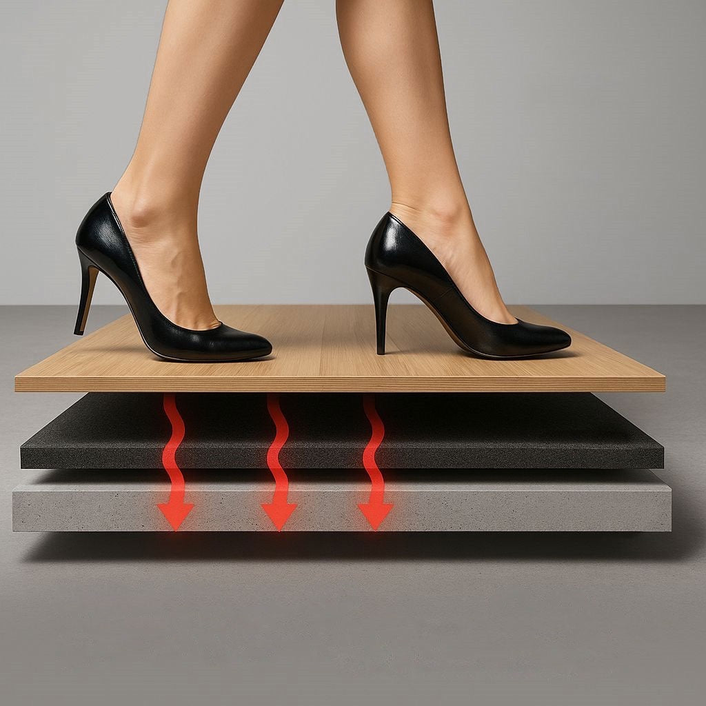 Women's feet in black pumps stand on a floor assembly cut-away, showcasing Rubber Acoustic Underlay – Up to 54 dB Impact Noise Insulation 3mm, emphasizing soundproof, acoustic, noise reduction, and sound insulation capabilities.