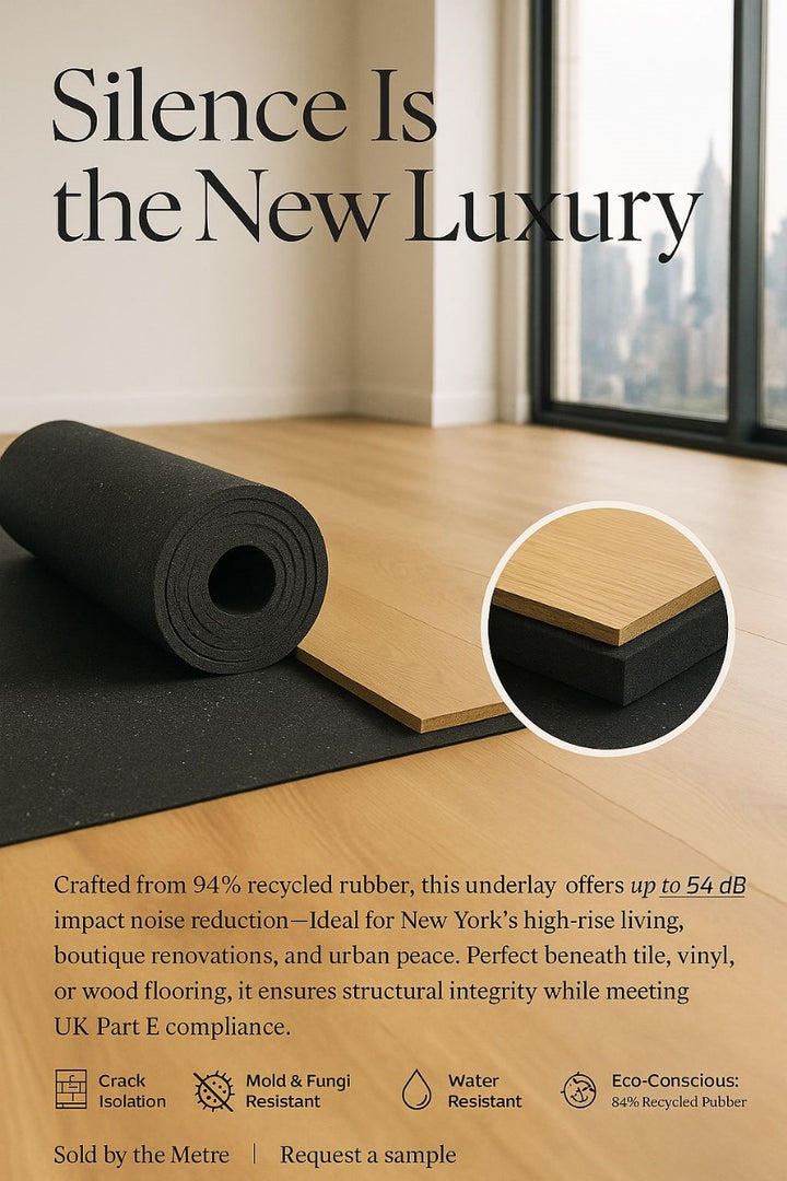 Recycled Rubber Acoustic Underlay being unrolled beneath a hardwood plank. Highlights: up to 54 dB impact noise reduction, 94% recycled content, mold resistance, CE marked. Ideal for soundproofing and acoustic insulation.