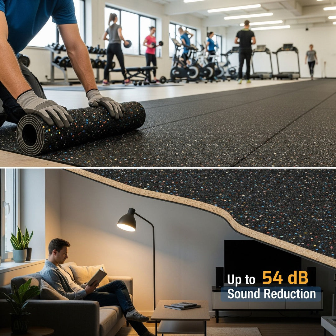 Rubber Acoustic Underlay – Up to 54 dB Impact Noise Insulation 3mm: Top panel shows gym installation; bottom panel reveals noise reduction under floor, highlighting its soundproof and acoustic capabilities for effective noise and vibration damping.