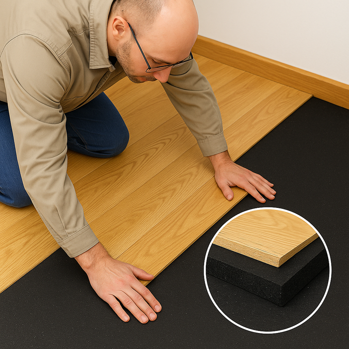 Man installing Acoustic Cork & Rubber Underlay, 3mm & 4.5mm, on black foam underlayment. Inset shows layered cross-section, highlighting premium soundproofing and eco-friendly durability for all flooring types.