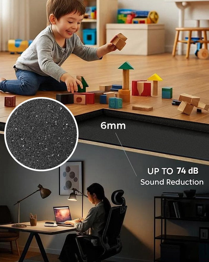 Child playing with wooden blocks next to 6mm acoustic underlay cross-section and 74 dB sound reduction example