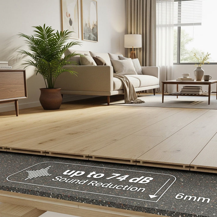 Modern living room with timber floor supported by SilentCloud 6mm acoustic underlay; cross-section shows up to 74 dB sound reduction and 6mm thickness.