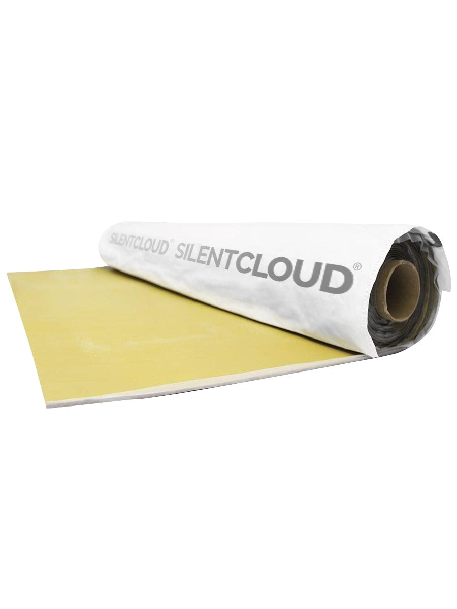 SilentCloud SC100 Self-Adhesive Acoustic Insulation Roll Covering 4.8m², showcasing a gold damping layer with SILENTCLOUD printed wrap, ideal for soundproofing and noise reduction in homes and studios.