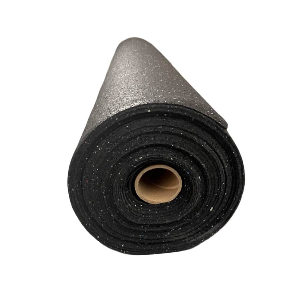 Side view of a roll of recycled rubber soundproofing underlay with cardboard core