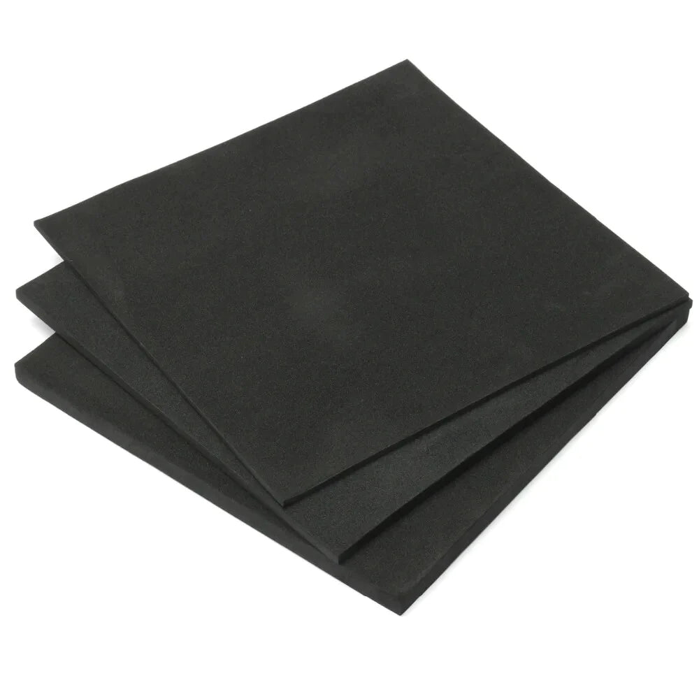 Three black foam sheets, titled 12mm Acoustic Insulation Foam Sheet Dark Grey Class O, stacked for soundproofing, showcasing noise reduction and sound insulation capabilities for effective acoustic and vibration damping.