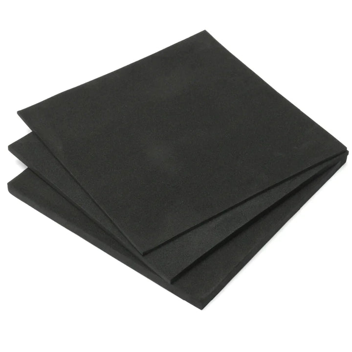 Three black foam sheets, titled 12mm Acoustic Insulation Foam Sheet Dark Grey Class O, stacked for soundproofing, showcasing noise reduction and sound insulation capabilities for effective acoustic and vibration damping.