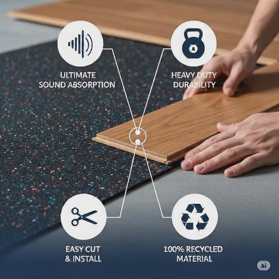 Video showing installation of SilentCloud 6mm acoustic underlay with cross-section overlay highlighting ultimate sound absorption, heavy-duty durability, and ease of cutting and installation.