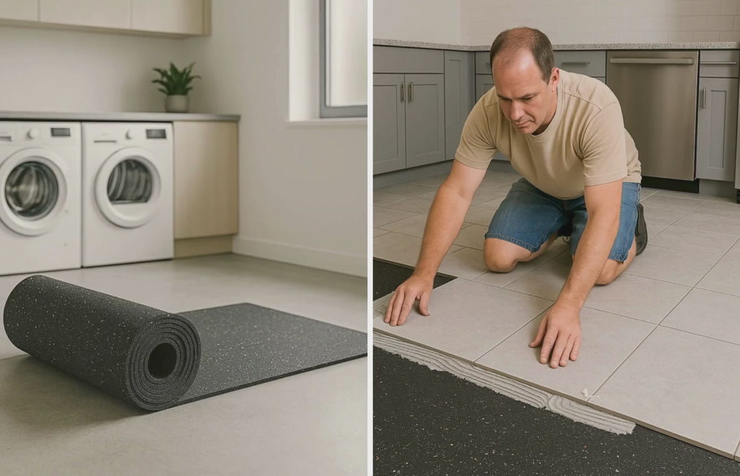 Video showing installation of SilentCloud FFR acoustic rubber underlay roll on a tiled floor by a man rolling out the mat near laundry appliances