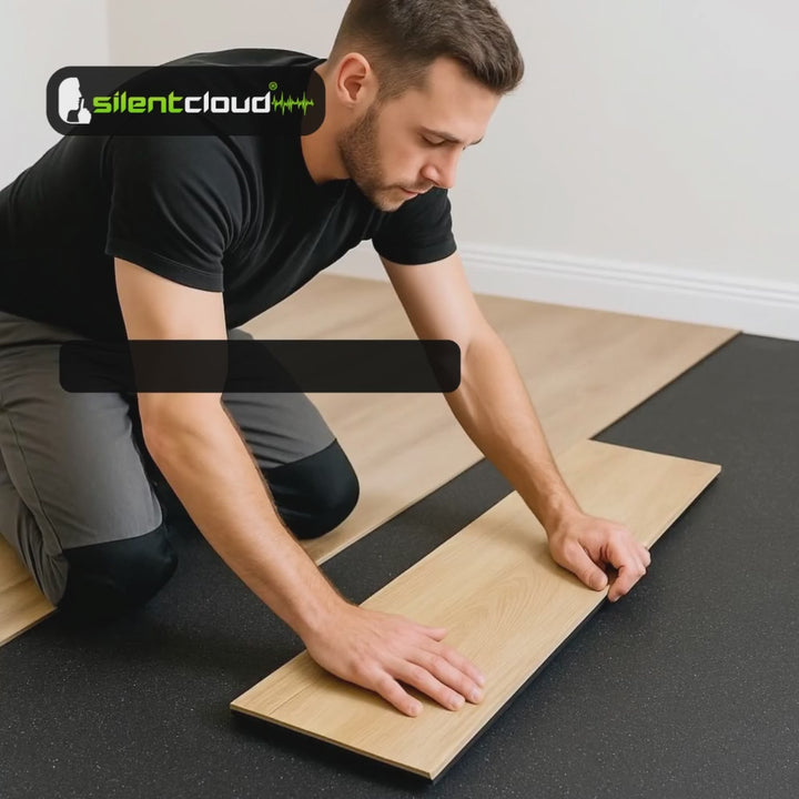 Video showing installation of SilentCloud 6mm acoustic underlay under timber flooring, demonstrating easy installation and high impact sound reduction.