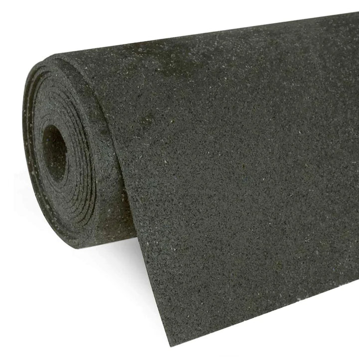 Roll of black SilentCloud FFR acoustic rubber underlay with textured surface