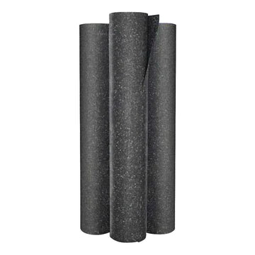 Three rolls of black SilentCloud FFR acoustic rubber underlay standing upright
