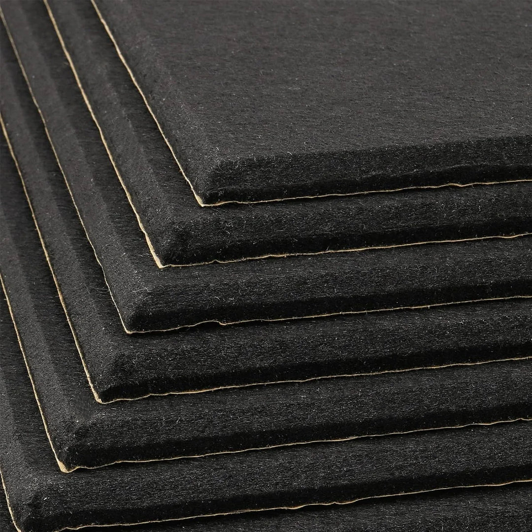 Stack of 12mm Acoustic Insulation Foam Sheets in Dark Grey Class O, showcasing fibrous surface and soundproofing capabilities for noise reduction and sound insulation. Ideal for acoustic and vibration damping applications.