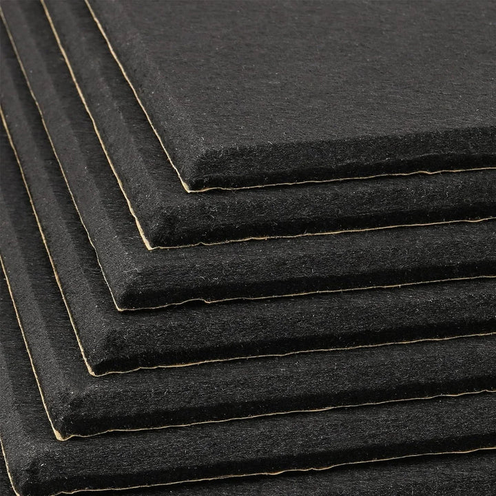 Stack of 12mm Acoustic Insulation Foam Sheets in Dark Grey Class O, showcasing fibrous surface and soundproofing capabilities for noise reduction and sound insulation. Ideal for acoustic and vibration damping applications.