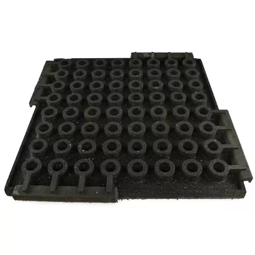 SilentTile 30mm Acoustic Gym Flooring Fitness Interlocking Tile features a grid of round recesses, ideal for soundproofing and vibration damping. Perfect for impact shock and noise control in high-traffic areas.