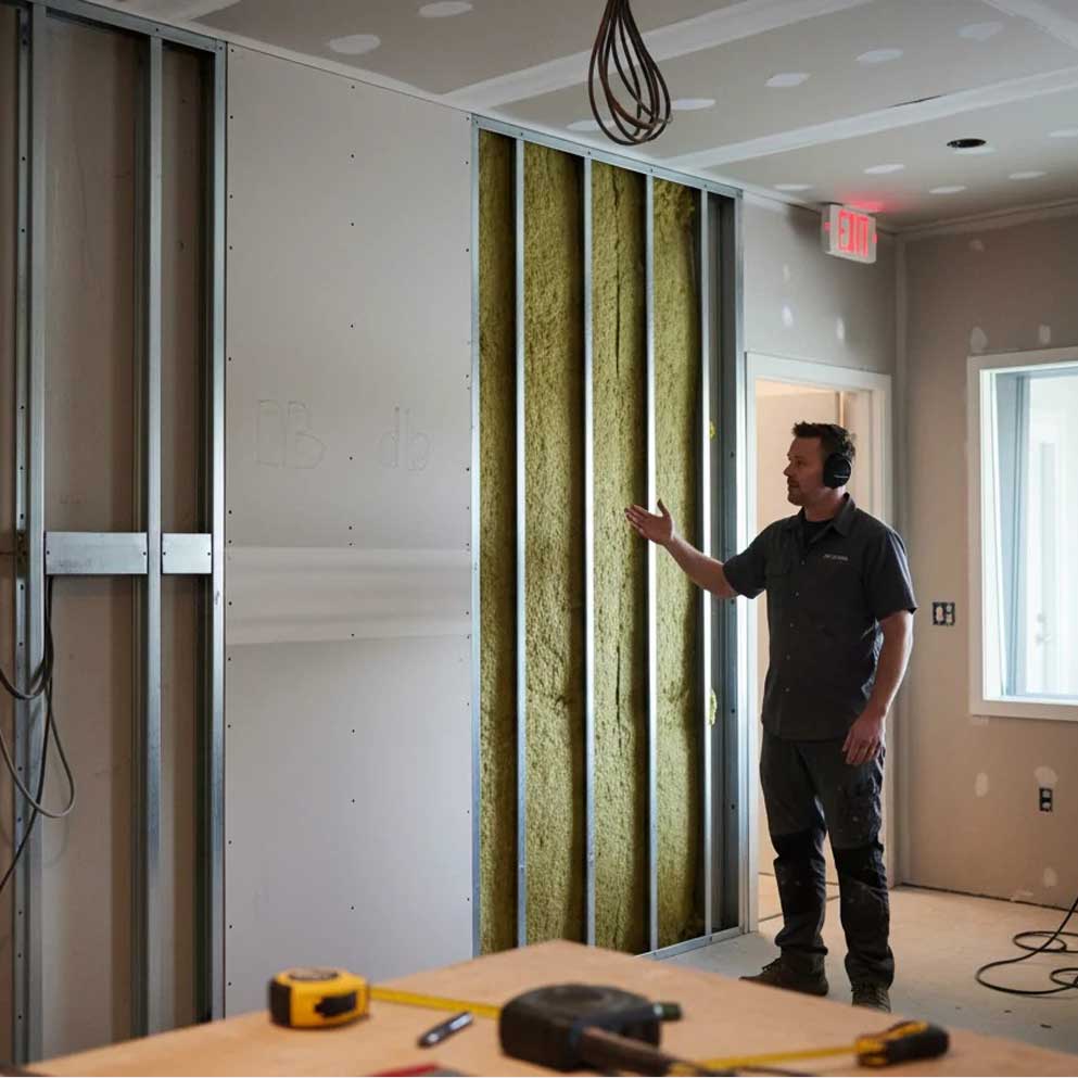 Solid core door with acoustic seals and weather stripping for effective soundproofing and noise reduction