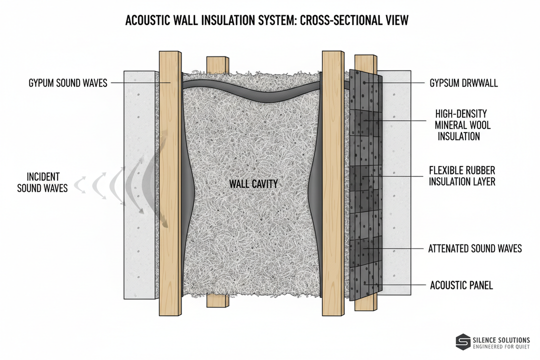 Cross-sectional illustration of an acoustic wall insulation system showing incident sound waves passing through gypsum drywall, high-density mineral wool, flexible rubber insulation and acoustic panels for noise reduction
