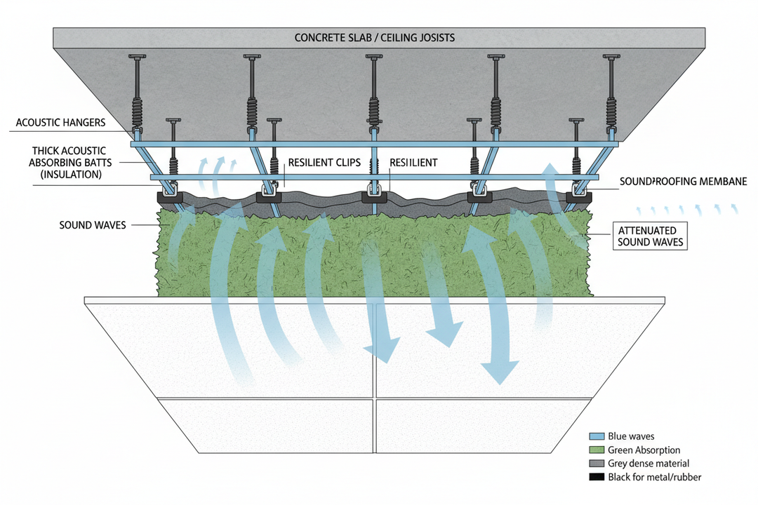 Cross-section illustration of an acoustic ceiling system showing suspended ceiling panels, resilient clips, soundproofing membrane and insulation absorbing sound waves