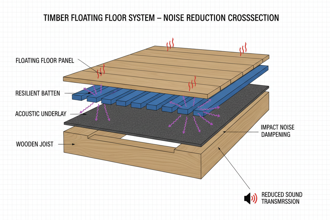 Cross-section illustration of a timber floating floor system showing floating floor panels, resilient acoustic battens, acoustic insulation and joists for noise reduction