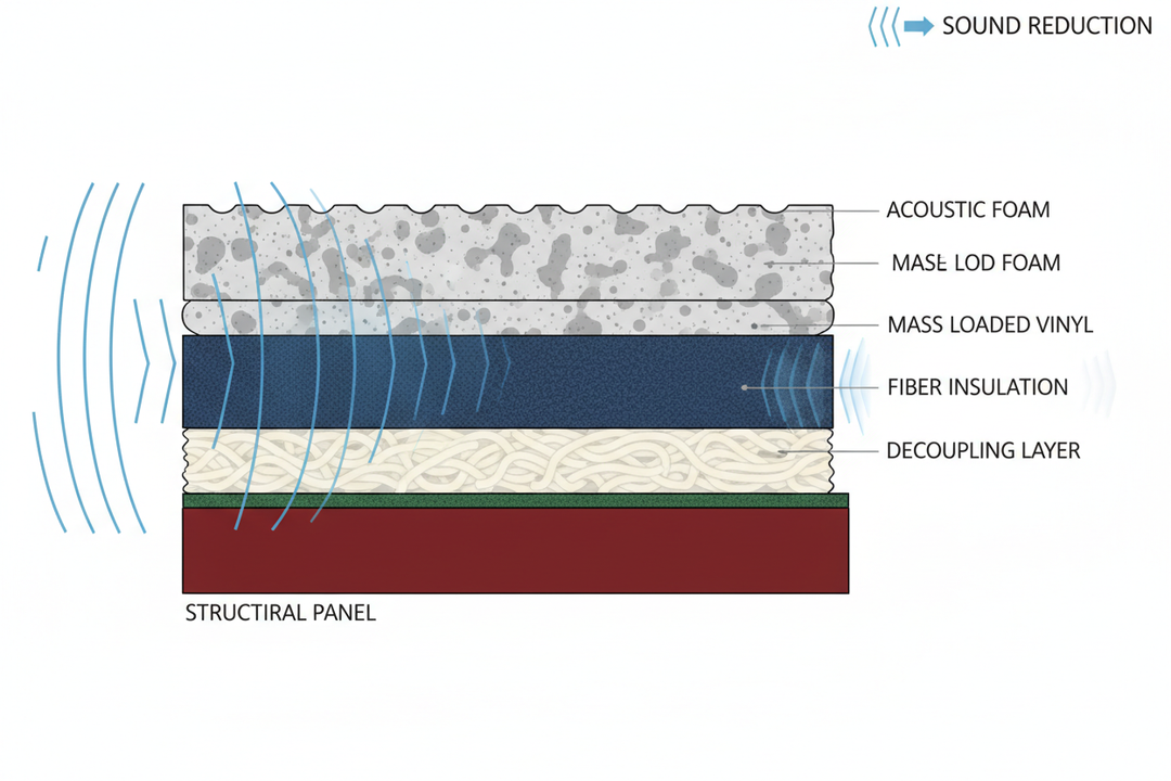 Illustration of layered sound reduction system showing acoustic foam, mass loaded vinyl, fibre insulation and decoupling layers absorbing sound waves