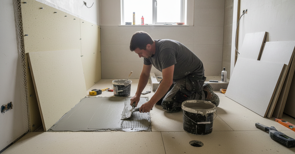 Tradesman prepares floor with thinset for Premium Heavy Duty Cement Fibre Board 6mm installation, ideal for soundproofing and acoustic insulation in timber floors and walls, ensuring noise reduction and vibration damping.