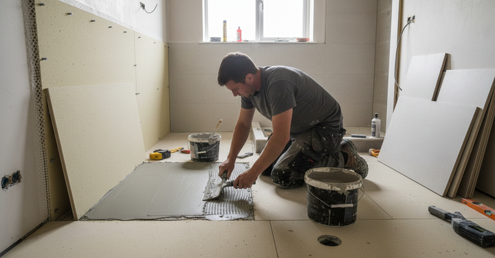 Tradesman prepares floor with thinset for Premium Heavy Duty Cement Fibre Board 6mm installation, ideal for soundproofing and acoustic insulation in timber floors and walls, ensuring noise reduction and vibration damping.