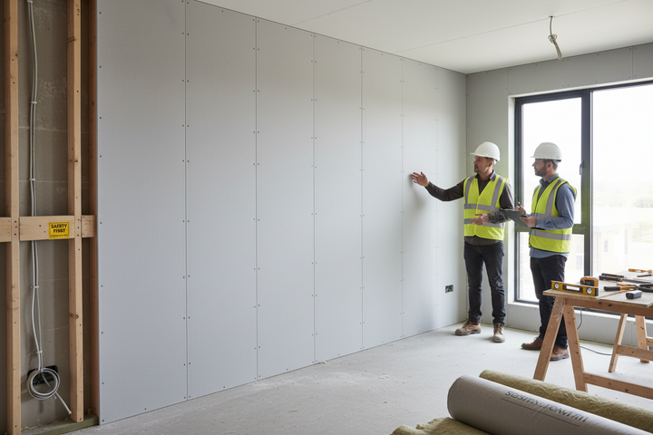 Premium Heavy Duty 12.5mm Plasterboard for Sound Insulation, 2400 x 1200mm, 31.7kg per Sheet, featured during installation, offering excellent acoustic and noise reduction properties, ideal for residential and commercial soundproofing.