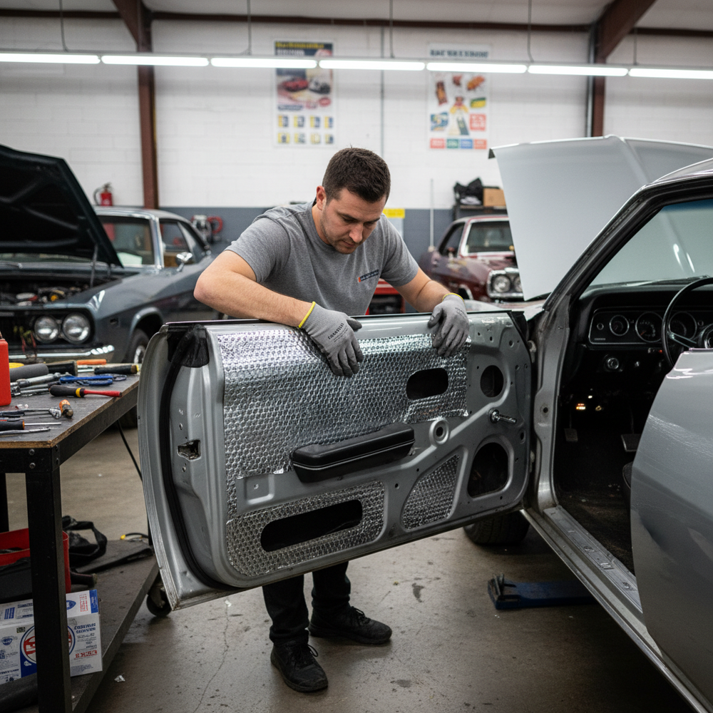 Man installing Premium Self-Adhesive Sound Deadening Vibration Damper Roll inside a car door in a garage. The high-grade butyl roll offers noise control, soundproofing, and vibration damping with easy peel-and-stick application.