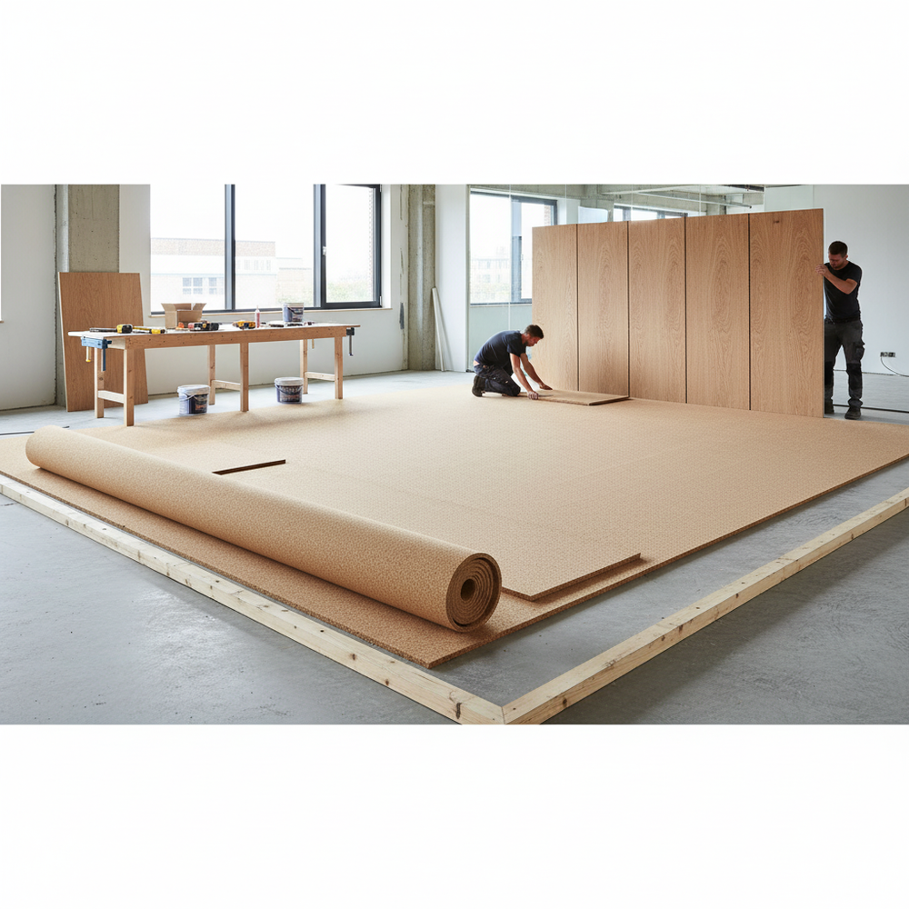Tradesmen installing Premium Fine Grain Large Cork Roll 3m x 1m - 10mm Thick for Interior Walls, ideal for soundproofing and noise reduction, on a concrete subfloor, showcasing its robust acoustic insulation qualities.