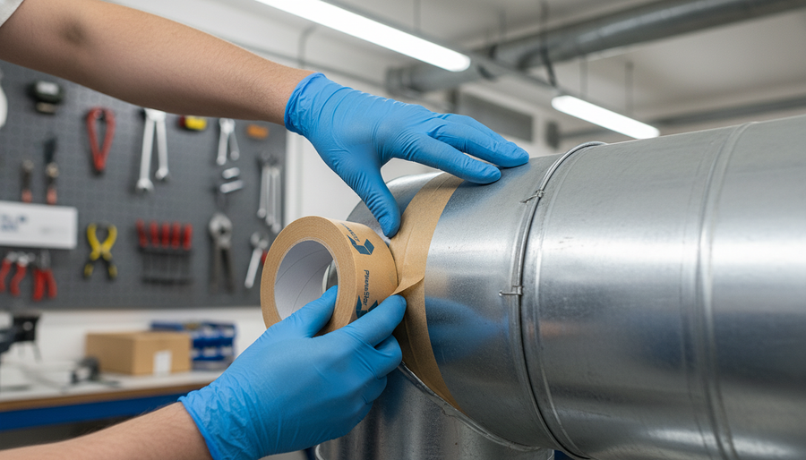 Close-up of Premium Sealing Tape for Insulation Boards applied around a metal duct, highlighting its use in soundproof and acoustic insulation, ensuring durability and sand leakage prevention for optimal noise reduction and vibration damping.