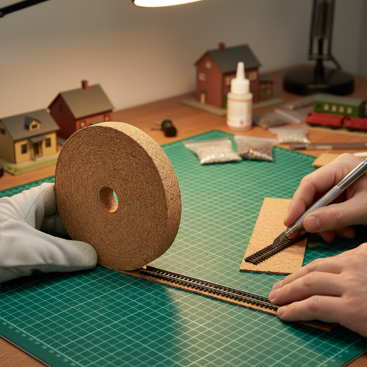 Premium Model Railway Cork Track Underlay Roll 10 Meter Long - 2mm Thick with High-Performance Insulation being installed on a cork roaSilentclouded, featuring superior soundproofing, acoustic stability, and easy customization for noise reduction.