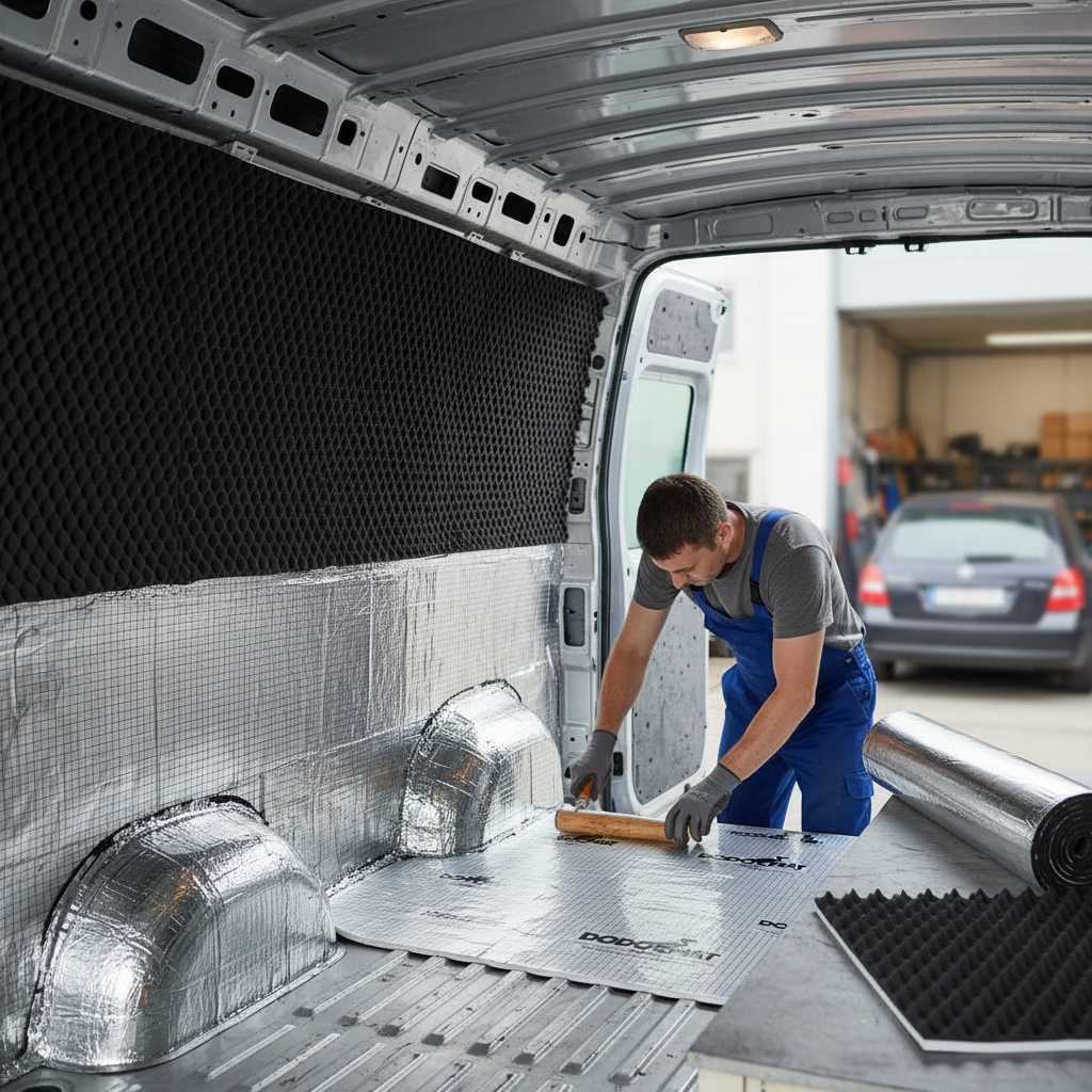 Man in overalls installs Premium Small Van Sound Deadening and Insulation Kit with 10mm Liner, applying foil-faced soundproof sheets in a van's rear, enhancing acoustic insulation and vibration damping.