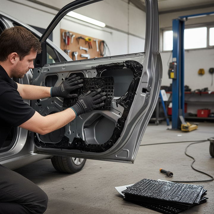 Auto-technician applying Premium Sound Deadening Damping Mat - 3mm Thickness, 15 Sheet Pack for Automotive Noise Reduction and Vibration Control inside car door, enhancing soundproofing and acoustic insulation by reducing vibrations and road noise.