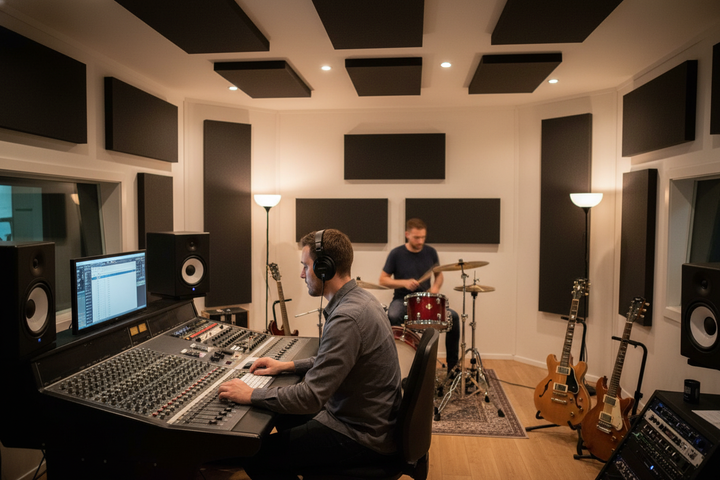 Premium Absorption Panels for Noise Reduction in Restaurants, Cafes, Schools, and Village Halls, visible as black acoustic panels in a recording studio, enhance soundproofing and acoustic insulation by reducing noise and vibration.