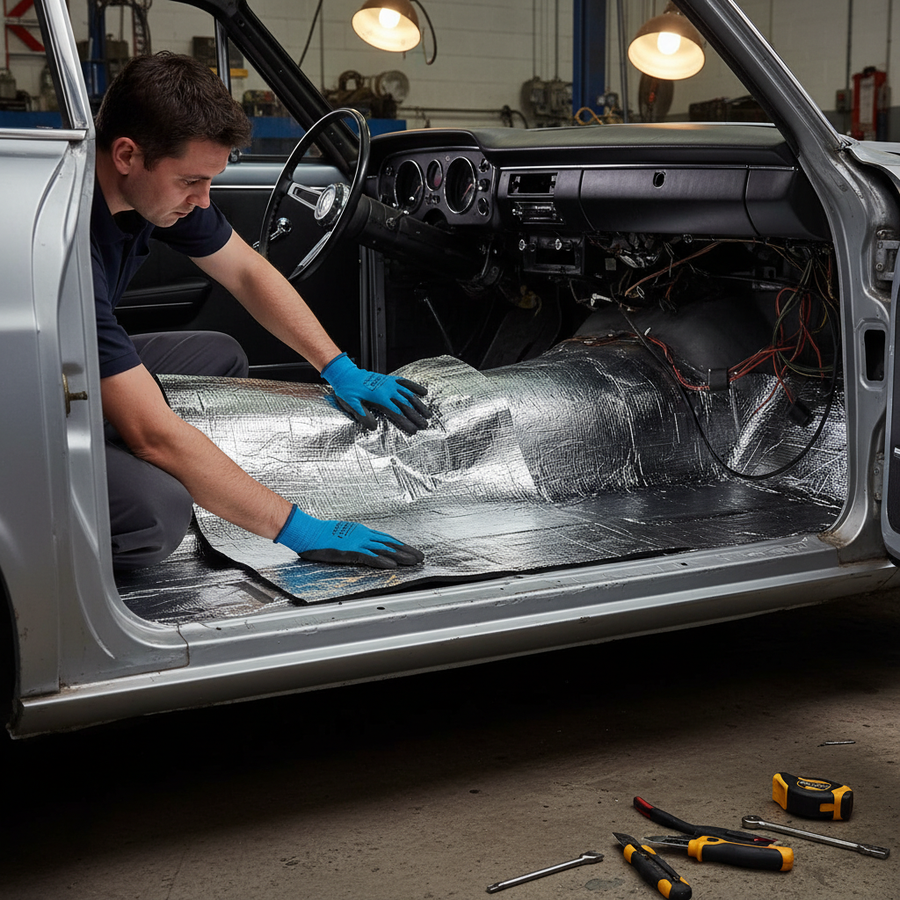 Technician applying Premium 6mm Thermo Liner Roll - 10m² High-Performance Insulation for Vans and Campers, enhancing soundproofing and acoustic insulation on vintage car floorpan in a well-lit garage.
