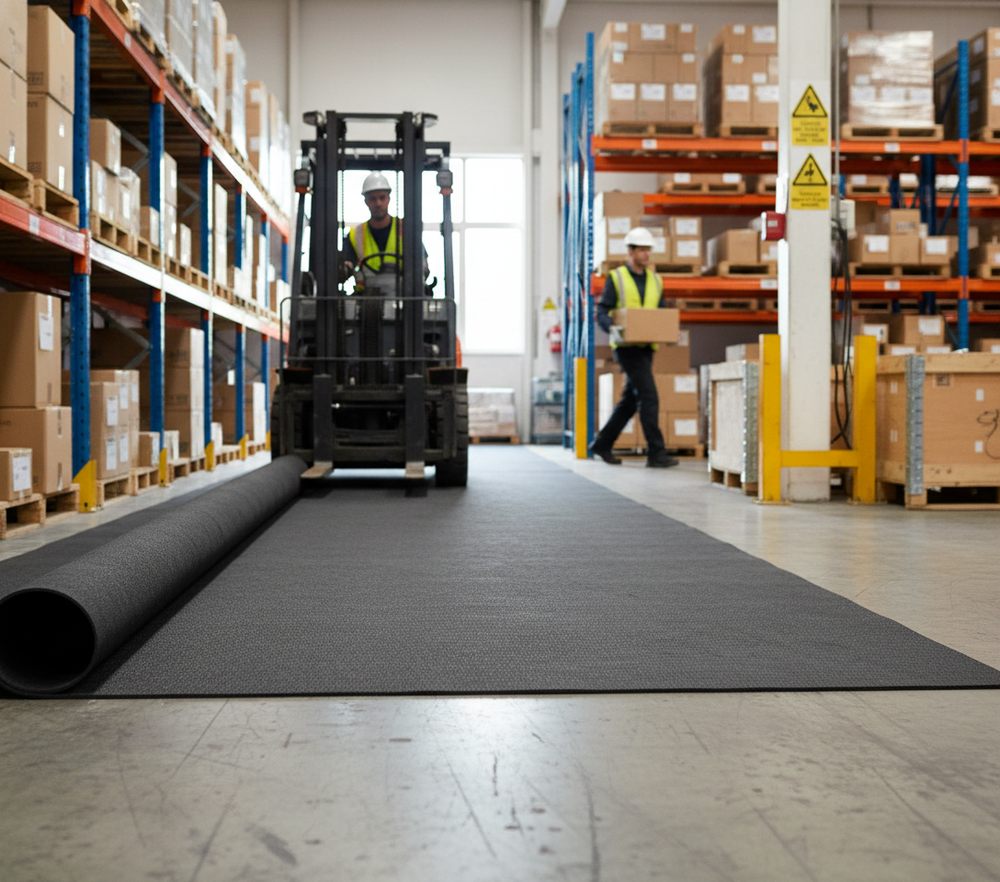 Premium Heavy Duty Barrier Mat 10kg with 4mm Thickness being installed in a warehouse aisle. Forklift operator assists in soundproofing setup. Ideal for noise reduction and acoustic insulation in homes, offices, and vehicles.