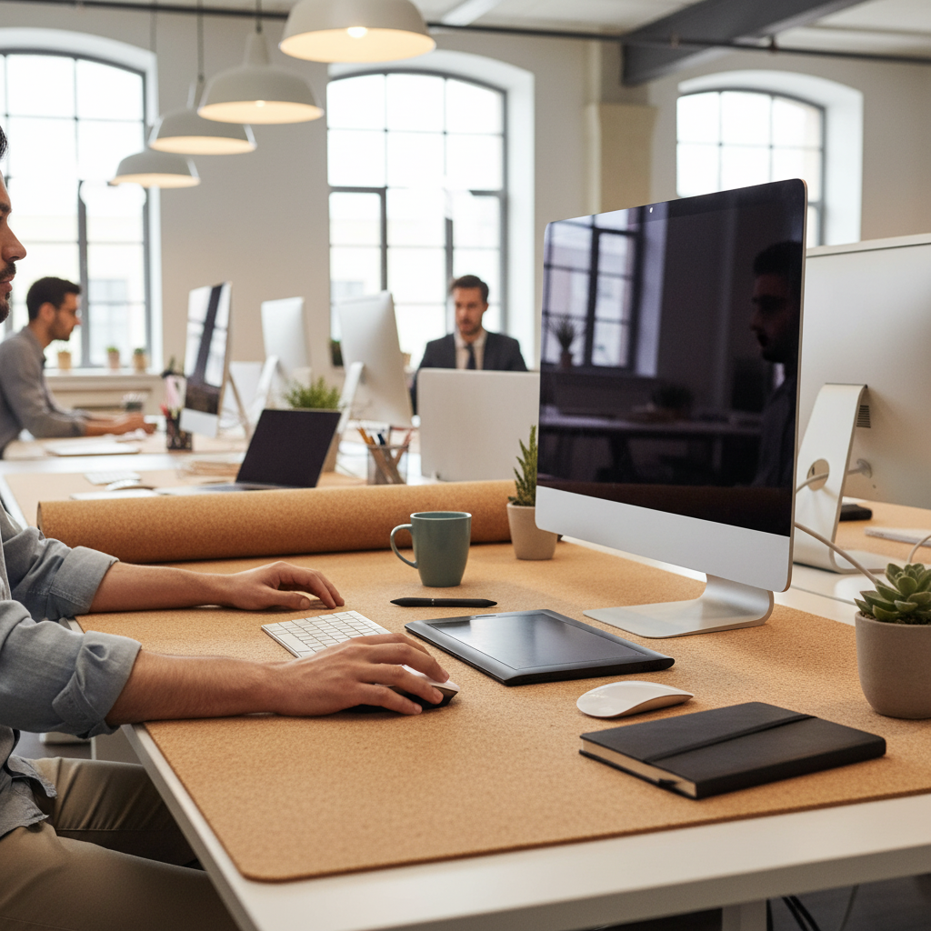 Premium Fine Grain Large Cork Roll - 8m x 1m, 2mm Thick for Interior Walls. Featured on a modern office desk, it enhances spaces with high-quality soundproofing and acoustic insulation.