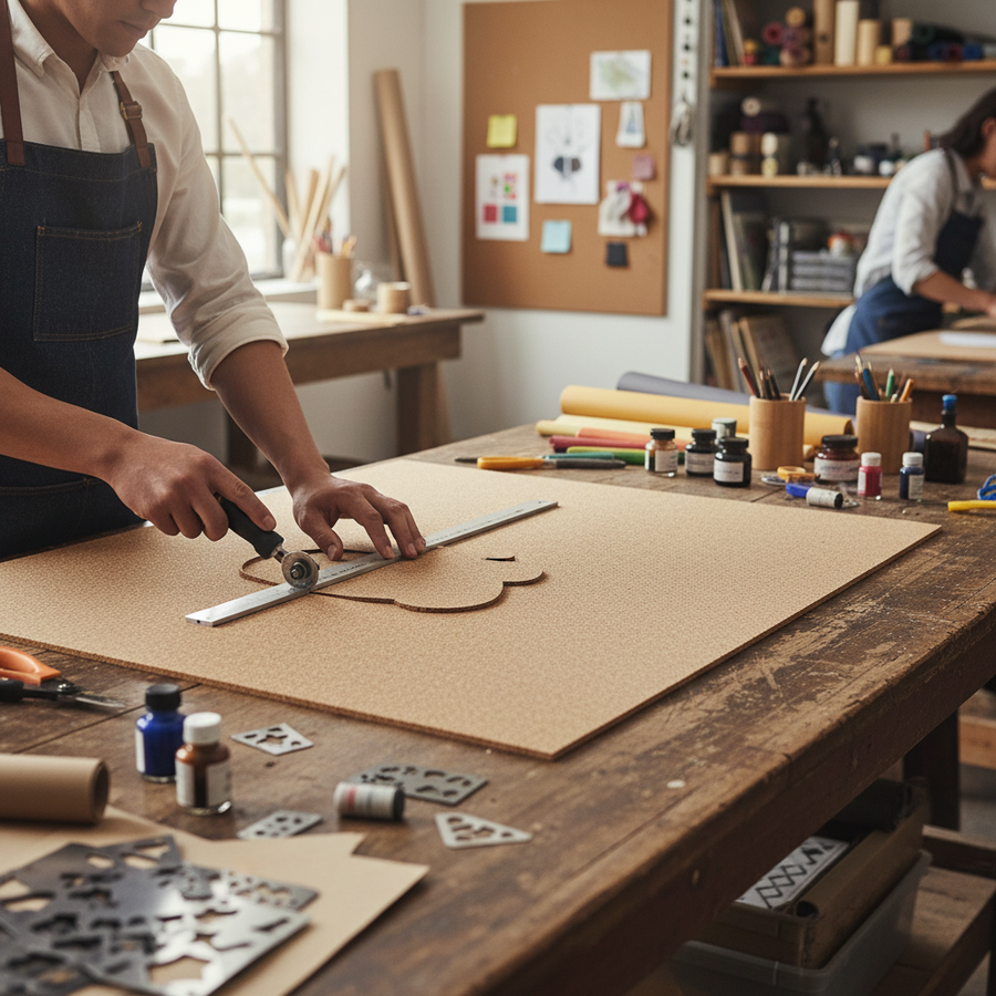 Person in denim apron using a rotary cutter to shape Premium High Density Non-Adhesive Cork Sheets 915mm x 610mm - 2mm Thick - Pack of 10, ideal for soundproofing and acoustic insulation projects.