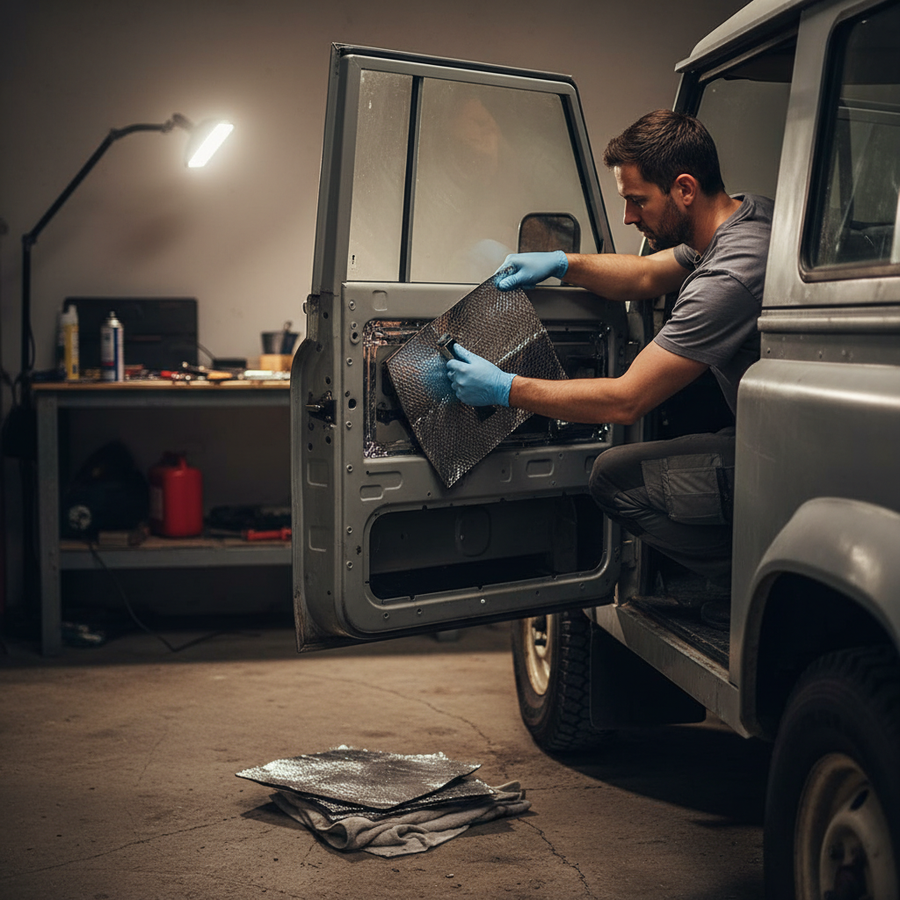 Man in workshop installing Premium Sound Deadening Kit for Land Rover 110 - 140 Sheets of 2mm Silent Coat. He's fitting a foil-backed mat inside the door panel for noise reduction and vibration damping.