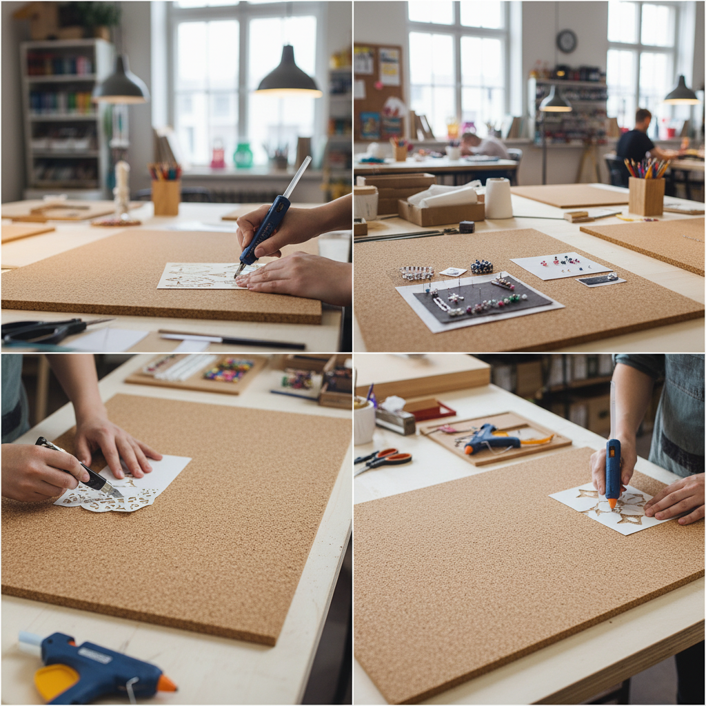 Premium Non-Adhesive Cork Sheets 915mm x 610mm - 1mm Thick, 2 Pack for Wall Coverings and Pin Boards, shown in a craft studio, ideal for acoustic projects and noise reduction applications.