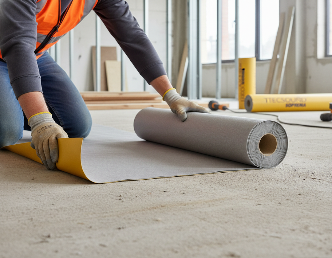 Tradesperson unrolls Premium High-Performance Synthetic Soundproofing Membrane for Acoustic Insulation – 1.22m x 6.0m x 2.5mm, 7.32 m² coverage, enhancing soundproofing and noise reduction on a concrete subfloor.