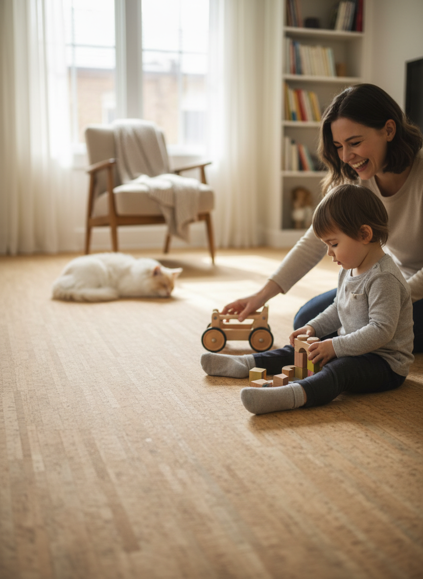 Premium Natural Cork Flooring Tiles - 600mm x 300mm, 4mm Thick, 1.98m² Coverage for Comfortable Insulation is shown in a cozy living room, highlighting its soundproof and acoustic noise reduction qualities.